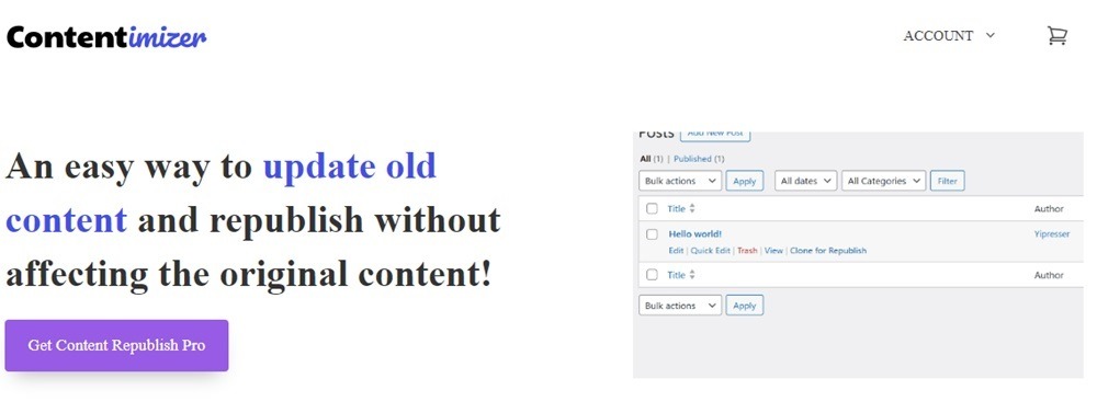 Sample of Contentimizer showing a Clone for republish option on posts. 