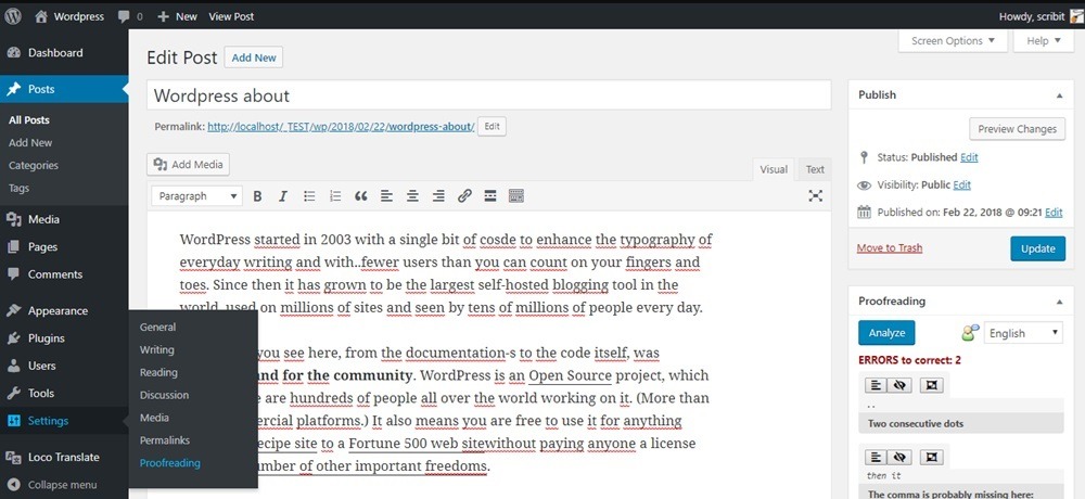 Example of using Proofreading WordPress plugin to detect grammatical errors.